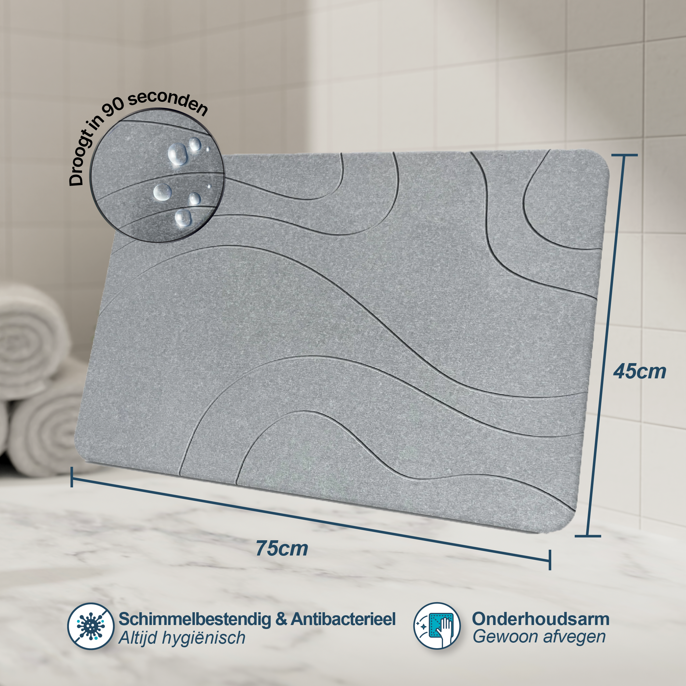 XL Diatomity Stone Bath Mat – natürlich, schnell trocknend – hygienisch – schimmelfrei und stilvoll 75x45 cm