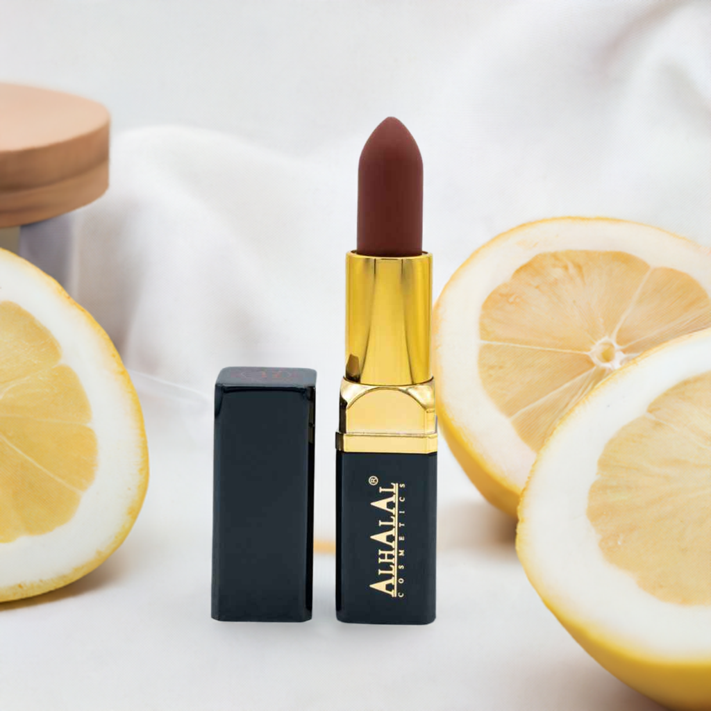 Alhalal Cosmetics Samtlippenstift in tiefrotem Ton mit goldenem und schwarzem Ärmel neben Zitrone