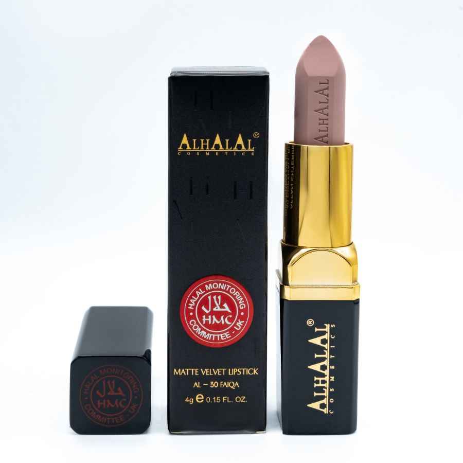 Alhalal Cosmetics matter samtbrauner Lippenstift mit goldfarbenem Ärmel und schwarzer Verpackung