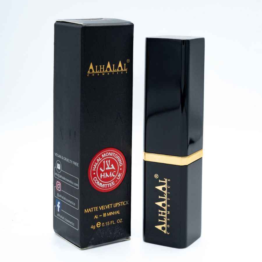 Alhalal Cosmetics matter Samtlippenstift mit braun-orangefarbener Folie und Tube
