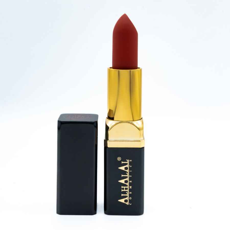 Alhalal Cosmetics Samtlippenstift offen mit dunklem Lippenstift in einem schwarz-goldenen Etui
