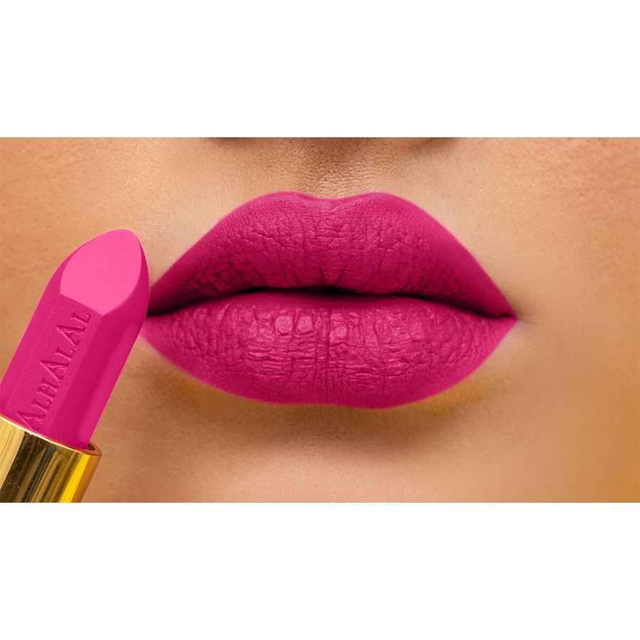 Alhalal Cosmetics Samt-Lippenstift in fuchsiafarbener Farbe mit weicher, voller Deckkraft und GRAUER Lippenstiftqualität