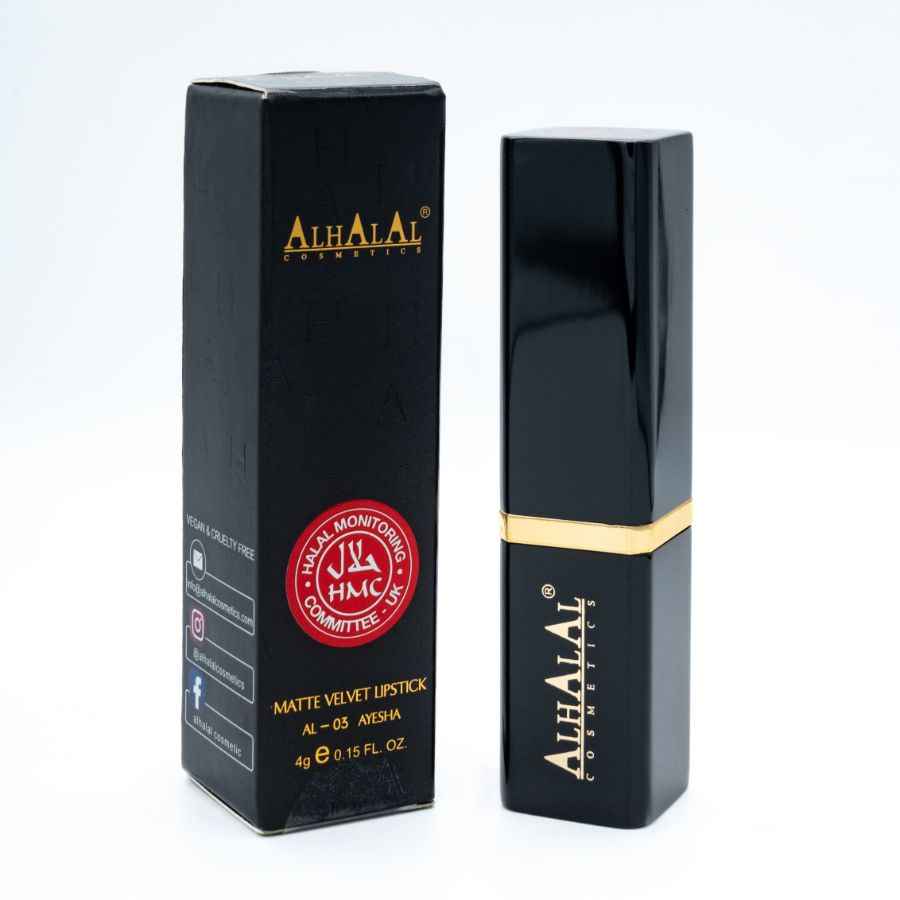 Alhalal Cosmetics matte Samt-Lippenstiftverpackung und -hülle in Schwarz mit goldenen Akzenten GRAUER Lippenstift