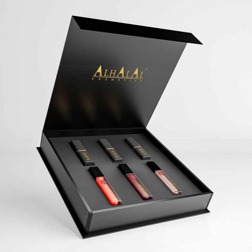 Alhalal Cosmetics Lippenstift-Geschenkset mit drei verschiedenen Lippenstiften in luxuriöser schwarzer Verpackung