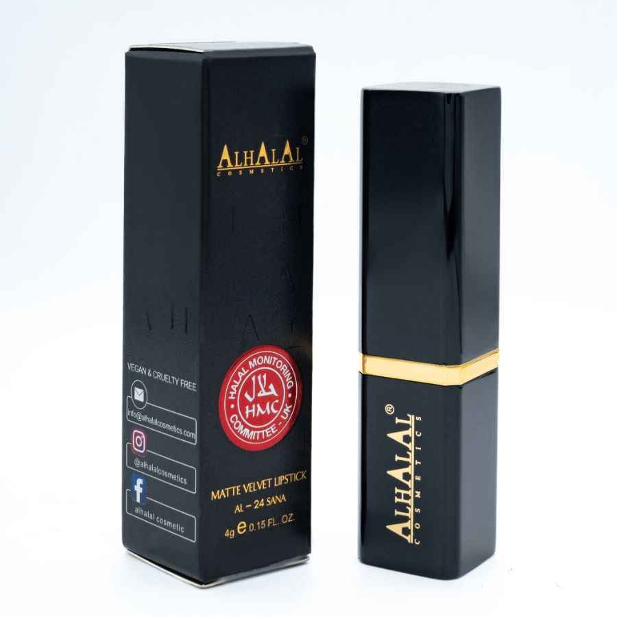 Alhalal Cosmetics matte velvet Lippenstift lila in schwarzer Luxusverpackung
