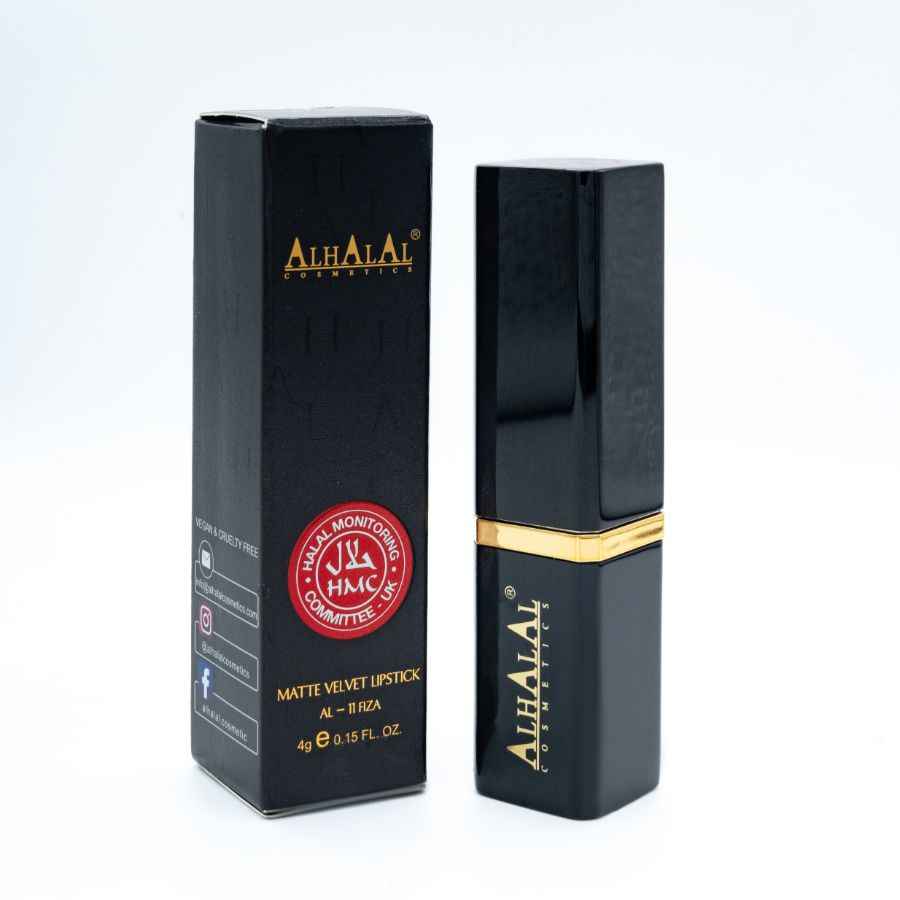 Alhalal Cosmetics matter Samt-Lippenstift Pink in schwarzer Verpackung und Hülle mit goldenen Details