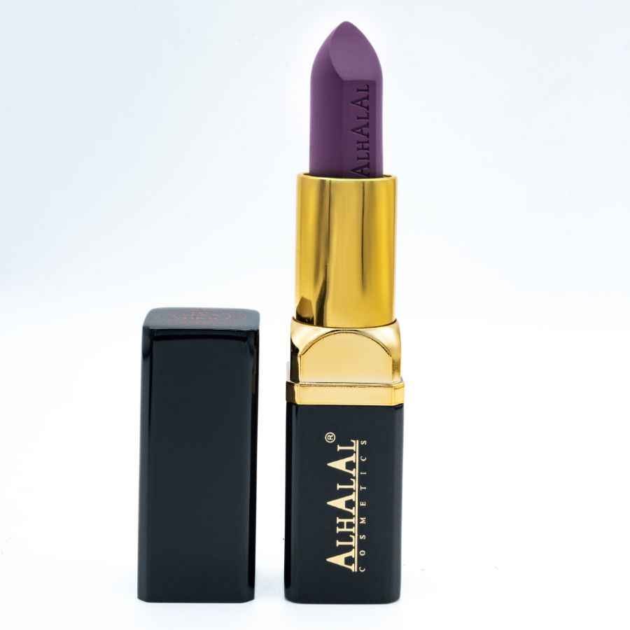 Alhalal Cosmetics Samt-Lippenstift in tiefem Lila mit luxuriösem goldenem und schwarzem Verpackungslila Lippenstift
