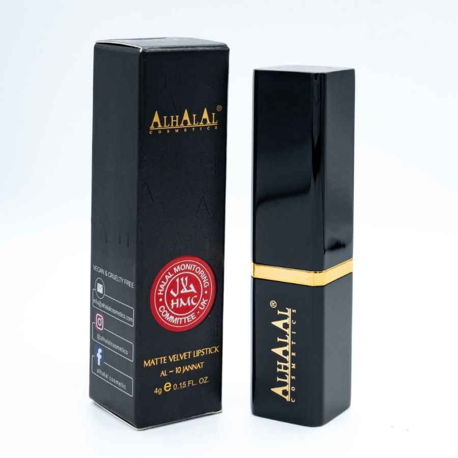 Alhalal Cosmetics Samtlippenstift mit mattem Finish in schwarzer Verpackung PURPLE LIPSTICK