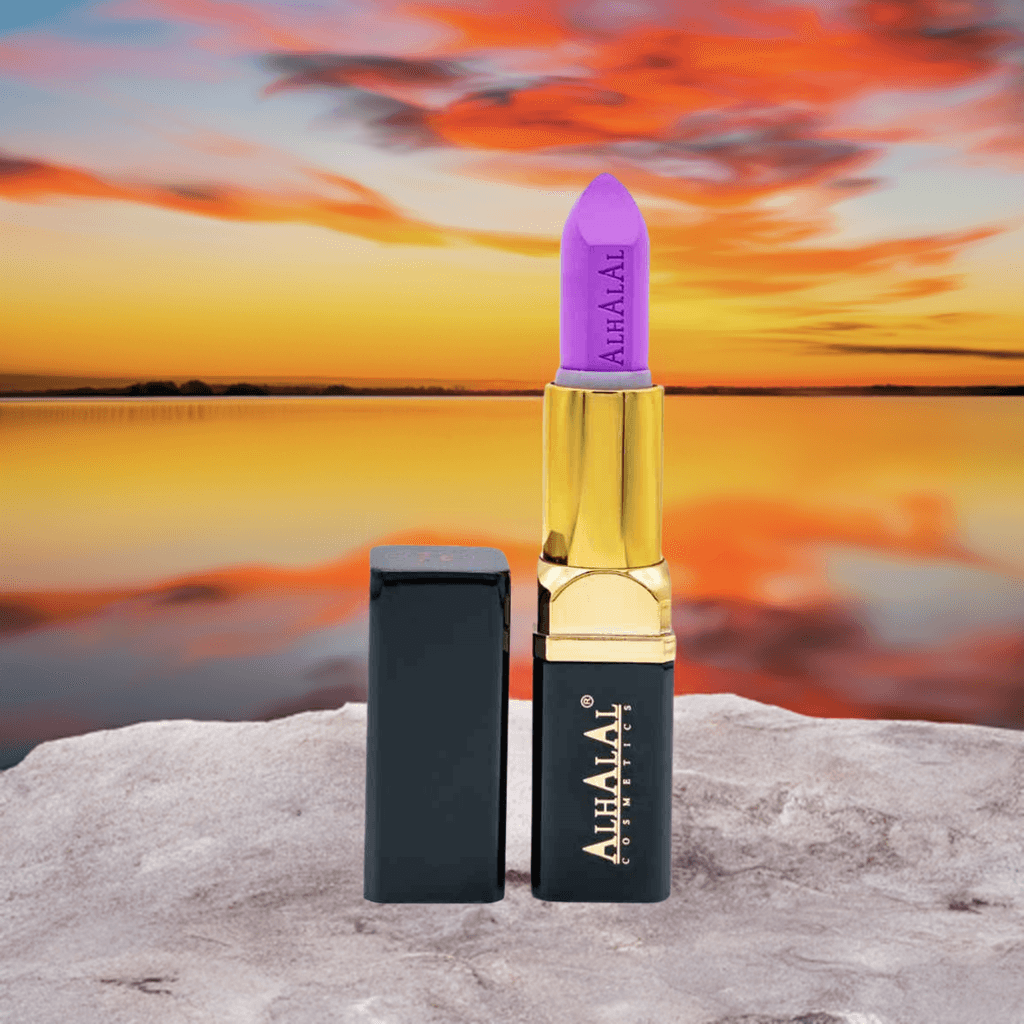 Alhalal Cosmetics PARSE LIPSTICK lila Samt-Lippenstift mit goldenem Ärmel bei Sonnenuntergang
