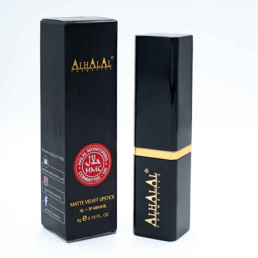 Alhalal Cosmetics Red Lipstick in schwarzer matter Samtverpackung mit goldenen Akzenten