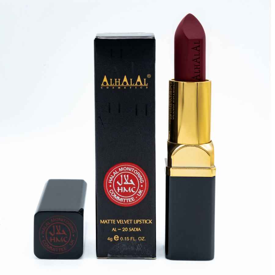 Alhalal Cosmetics matter Samtlippenstift in einem tiefroten Lippenstift mit schwarzer und goldener Verpackung