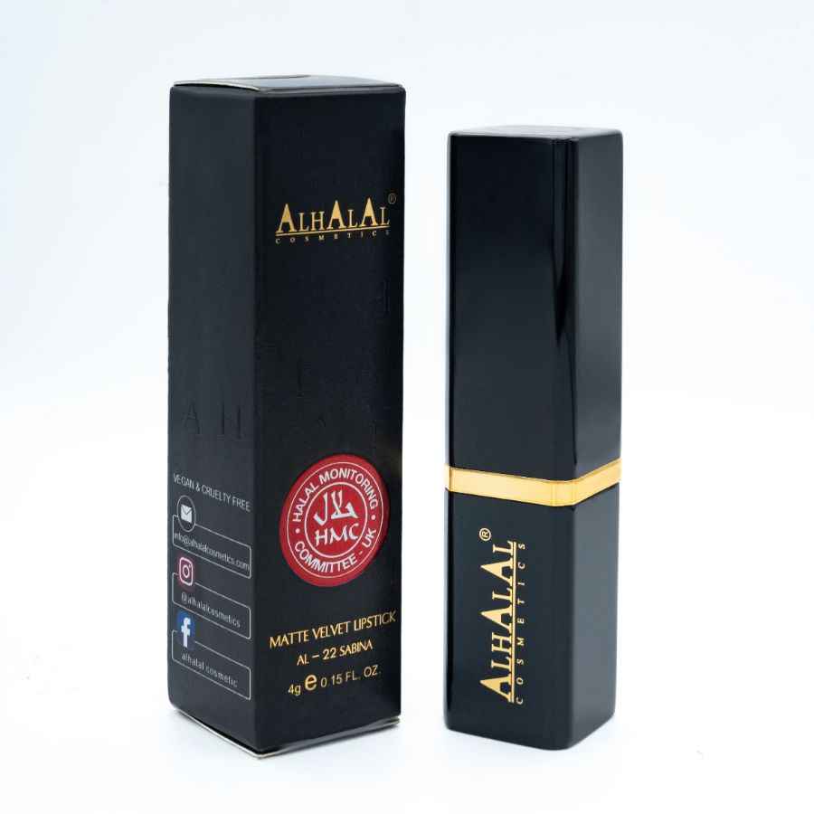 Alhalal Cosmetics matter Samt-Lippenstift in schwarzer Verpackung für ein sanftes, rosafarbenes Lippenstiv-Aussehen