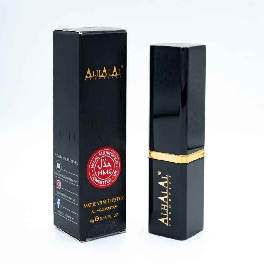 Alhalal Cosmetics matter Samtrosa Lippenstift mit schwarzer und goldener Verpackung