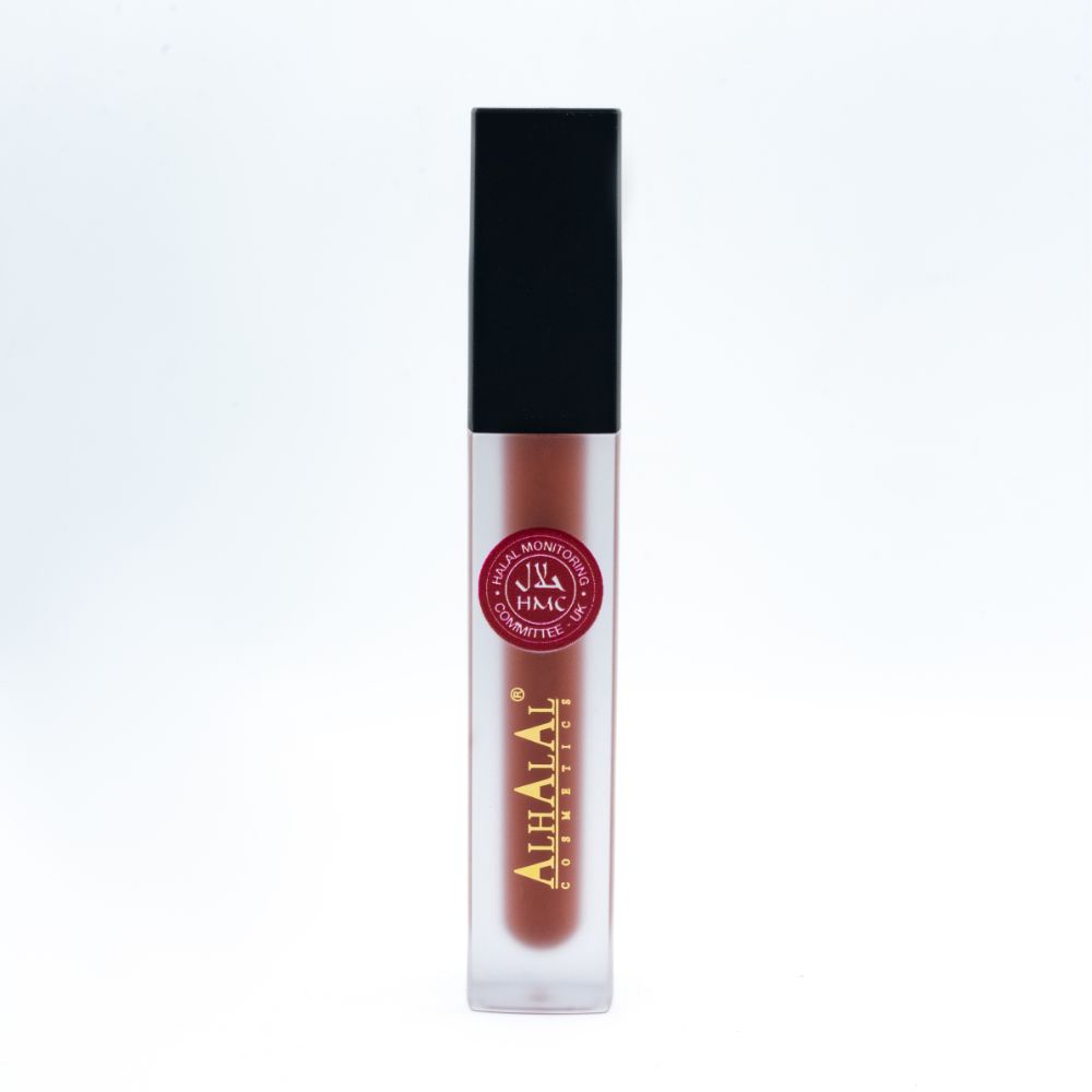 Alhalal Cosmetics flüssiger Lipgloss in mattem Rot mit schwarzer Kappe und Halal-Zertifikat
