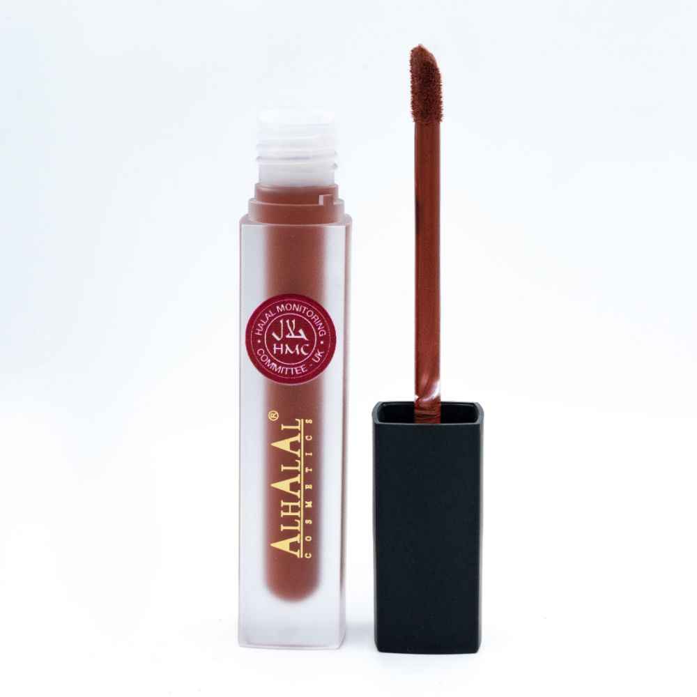 Alhalal Cosmetics flüssiger Lipgloss in mattem Braun mit schwarzem Kappenapplikator