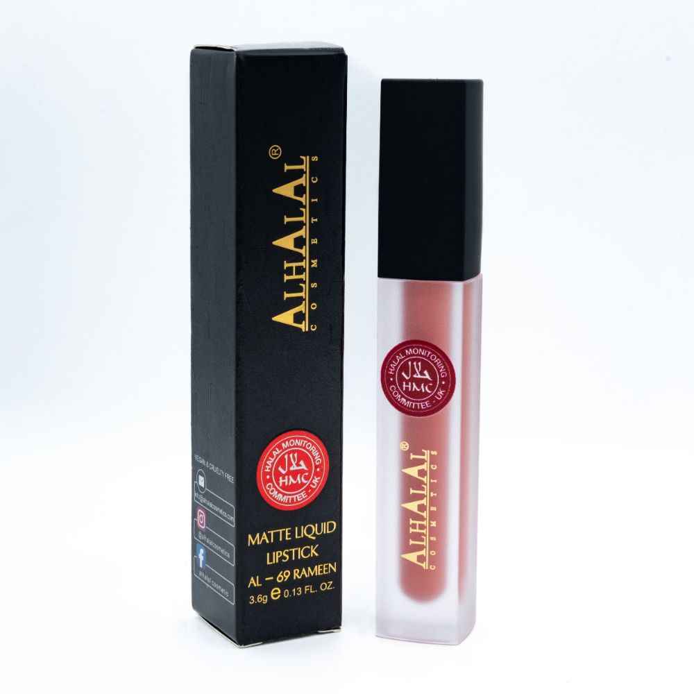 Alhalal Cosmetics flüssiger Lippenstift in mattem Rosa mit schwarzer Verpackung